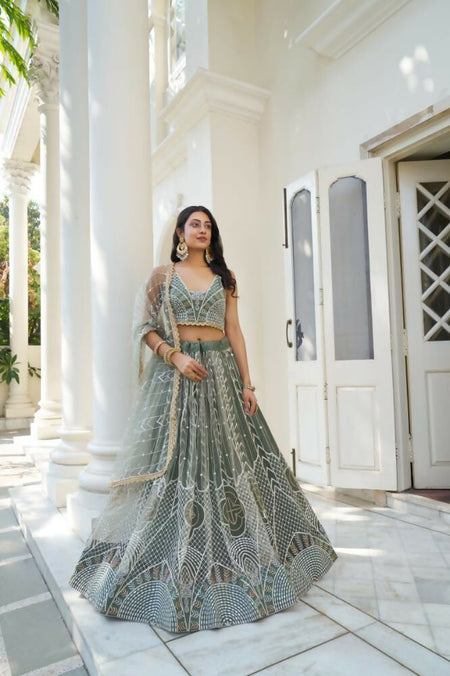 Aastha Fashion Dusty Green Butterfly Net White Cotton Thread Work And Sequence Work Embroidery Wedding Wear Lehenga Choli