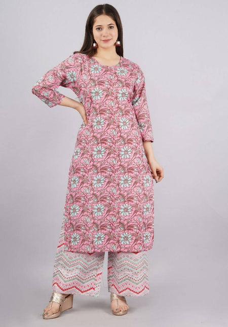 Vamika Printed Cotton Pink Party Wear/Casual Wear Kurta Set/Suit