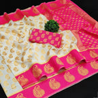 DEIANA'S Beautiful Designer Golden zari Soft Lichi Silk Saree - White