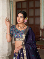 Vastranavya Exquisite Tussar Silk Lehenga Set With Perfect Floral And Patola Print Design Lehenga Choli - Navy Blue