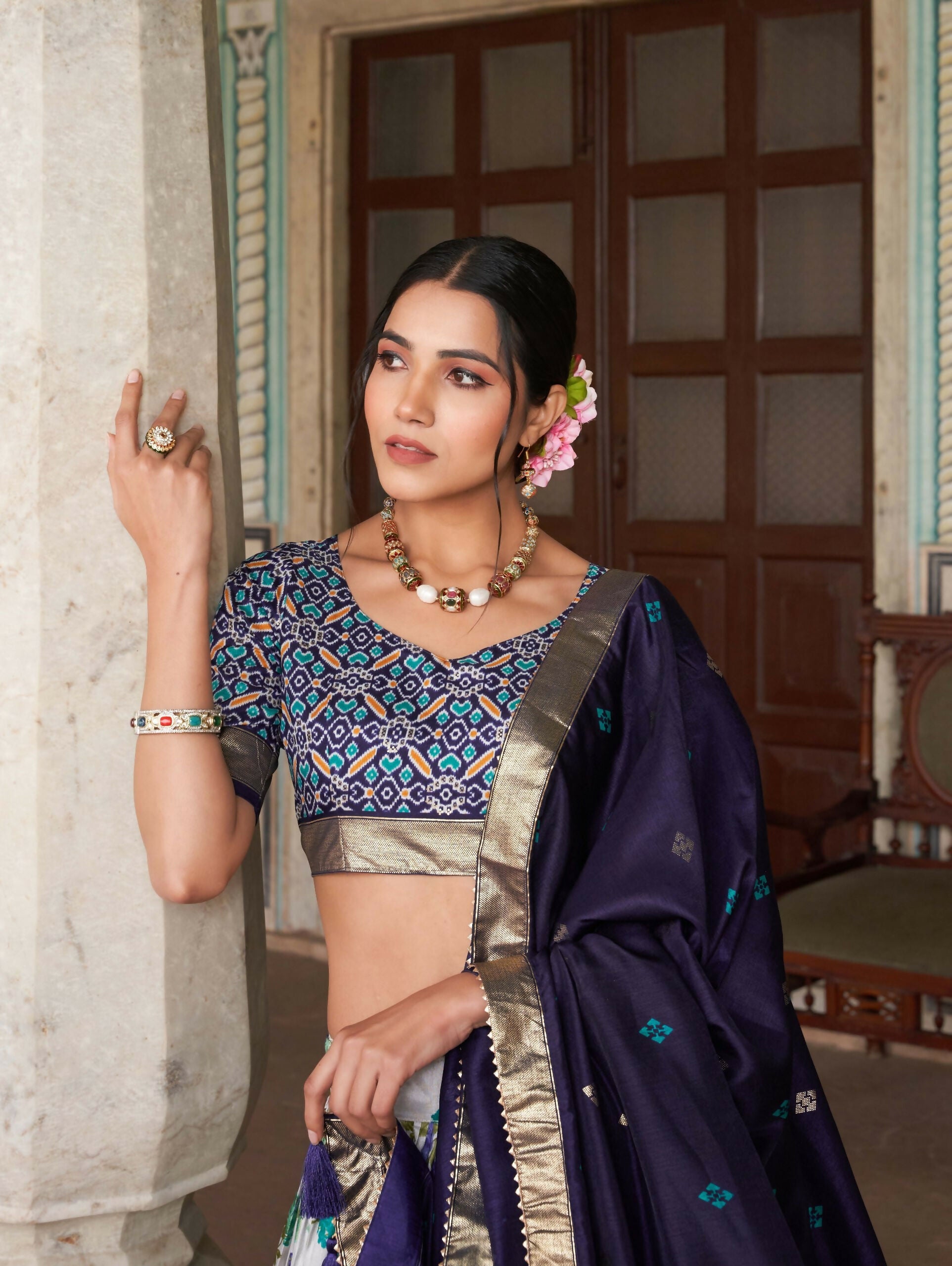 Vastranavya Exquisite Tussar Silk Lehenga Set With Perfect Floral And Patola Print Design Lehenga Choli - Navy Blue
