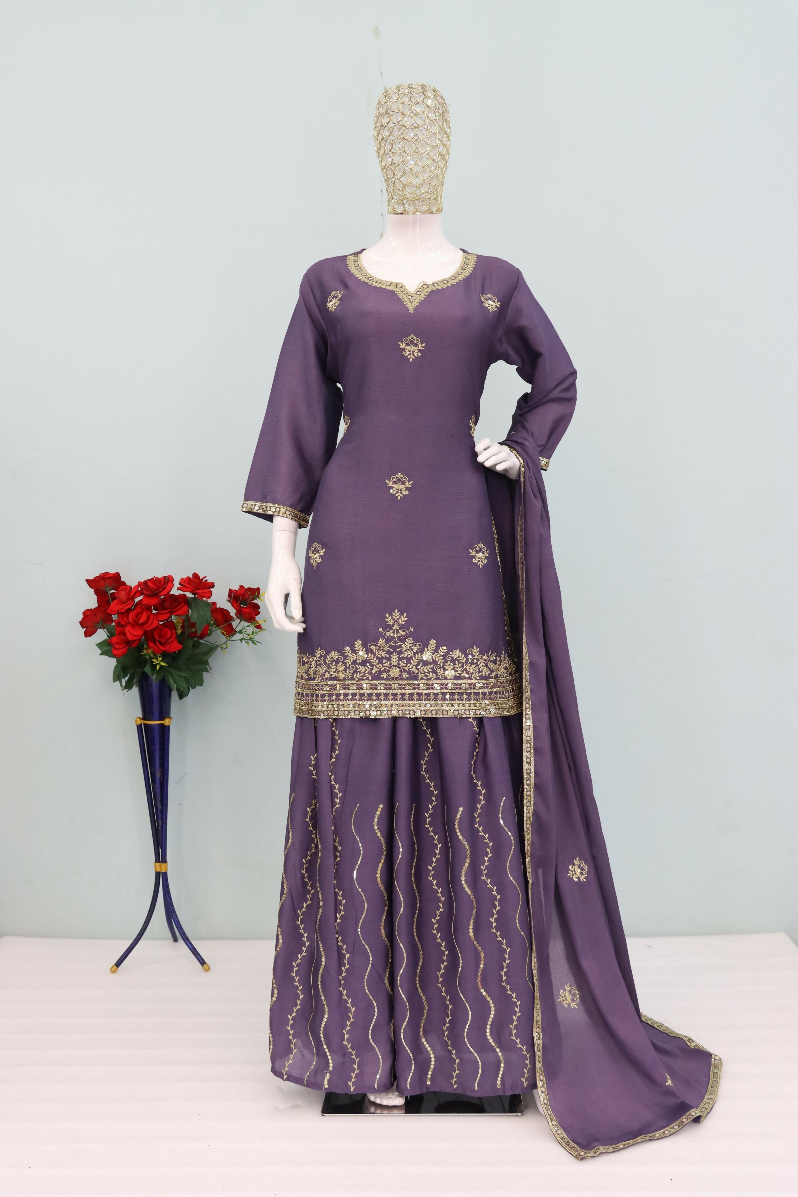 Teeya Creation Onion Color Chinon Silk Heavy Embroidery Work Party Wear Palazzo Set - Distacart