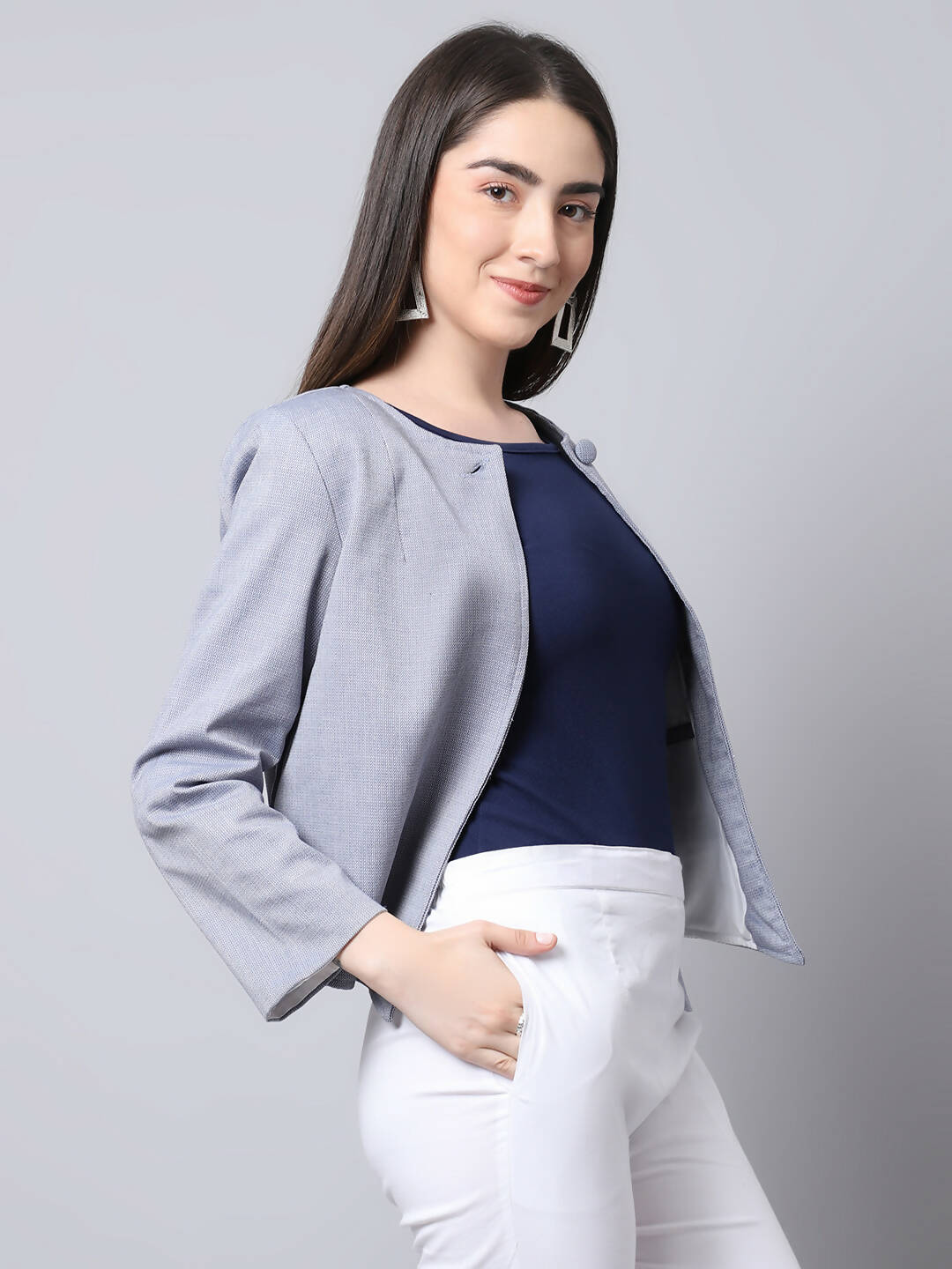 Even Apparels Grey Polywool Open Front Statement Women's Jacket (BF740)