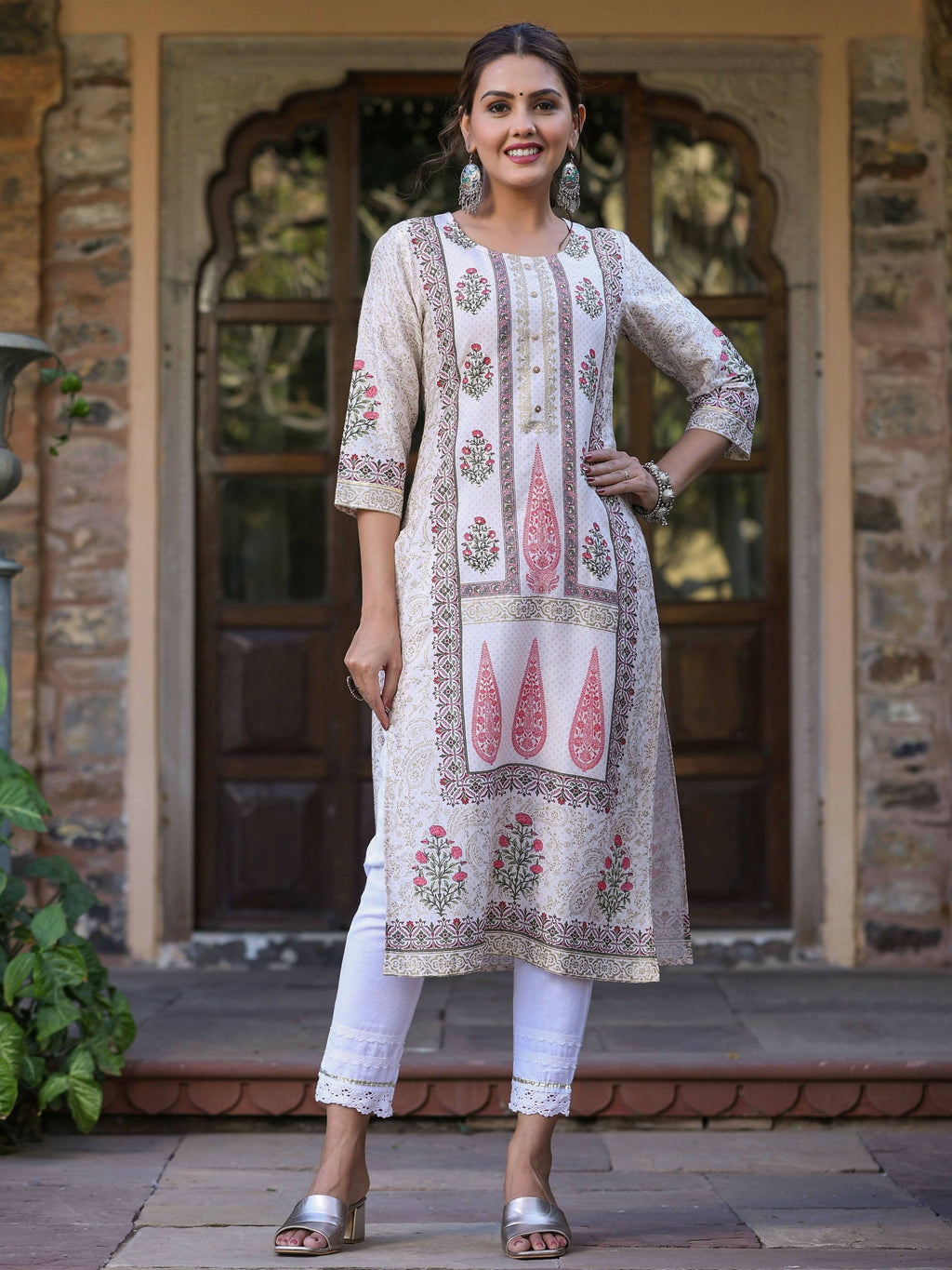 Juniper Women's Pink Viscose Shantoon Festive Printed Straight Kurta - Distacart