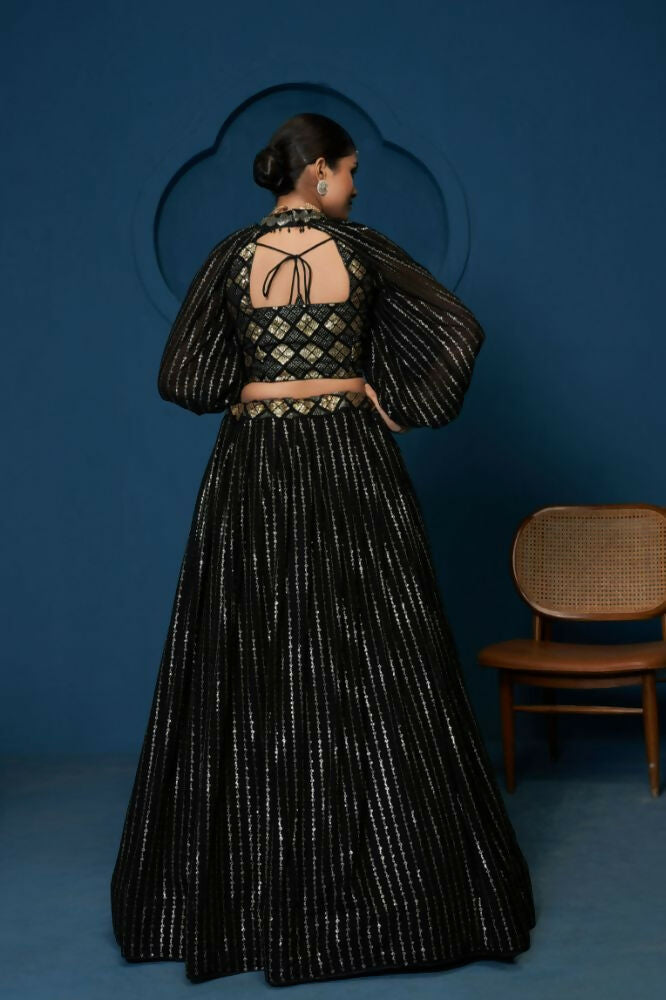 Black Sequence Work Georgette Crop Top Type Full Sleeve Lehenga Choli - Jihu Culture