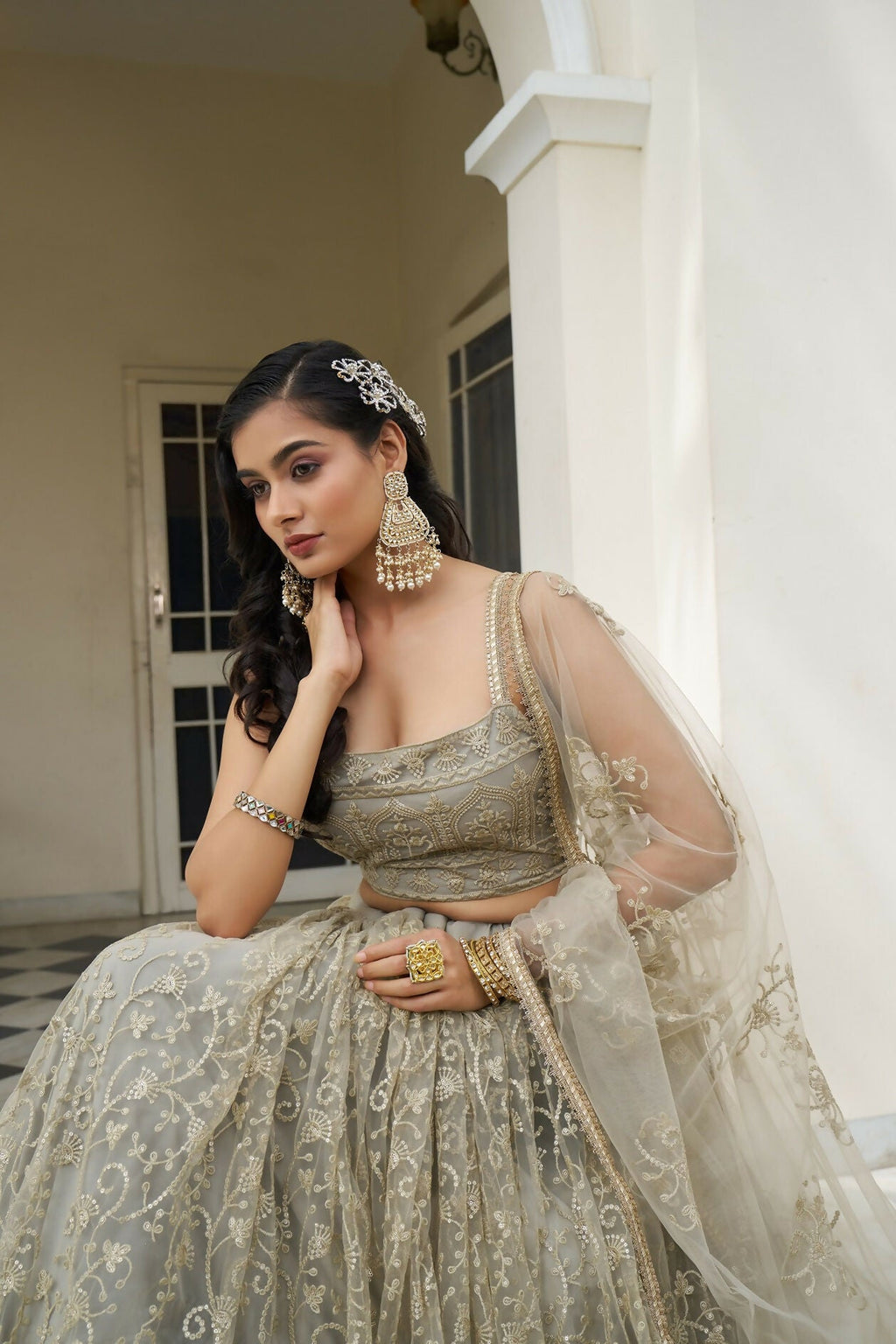 Eilara Glamorous Ivory Butterfly Net With Thread And Sequence Embroidered Work Fancy Lace Lehenga Choli For Wedding