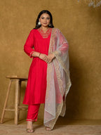 Yufta Fuchsia Silk Embroidered Plus Size Kurta Dupatta Set
