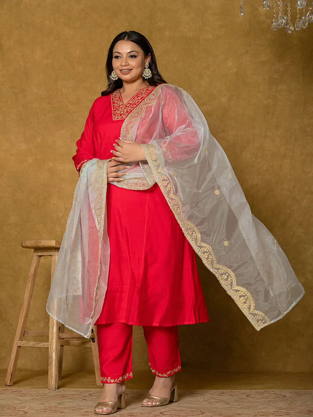 Yufta Fuchsia Silk Embroidered Plus Size Kurta Dupatta Set