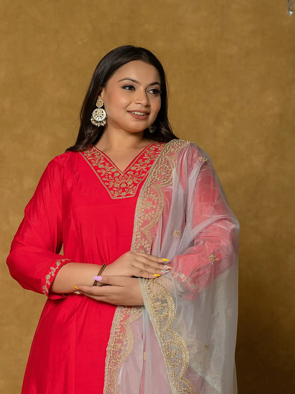 Yufta Fuchsia Silk Embroidered Plus Size Kurta Dupatta Set