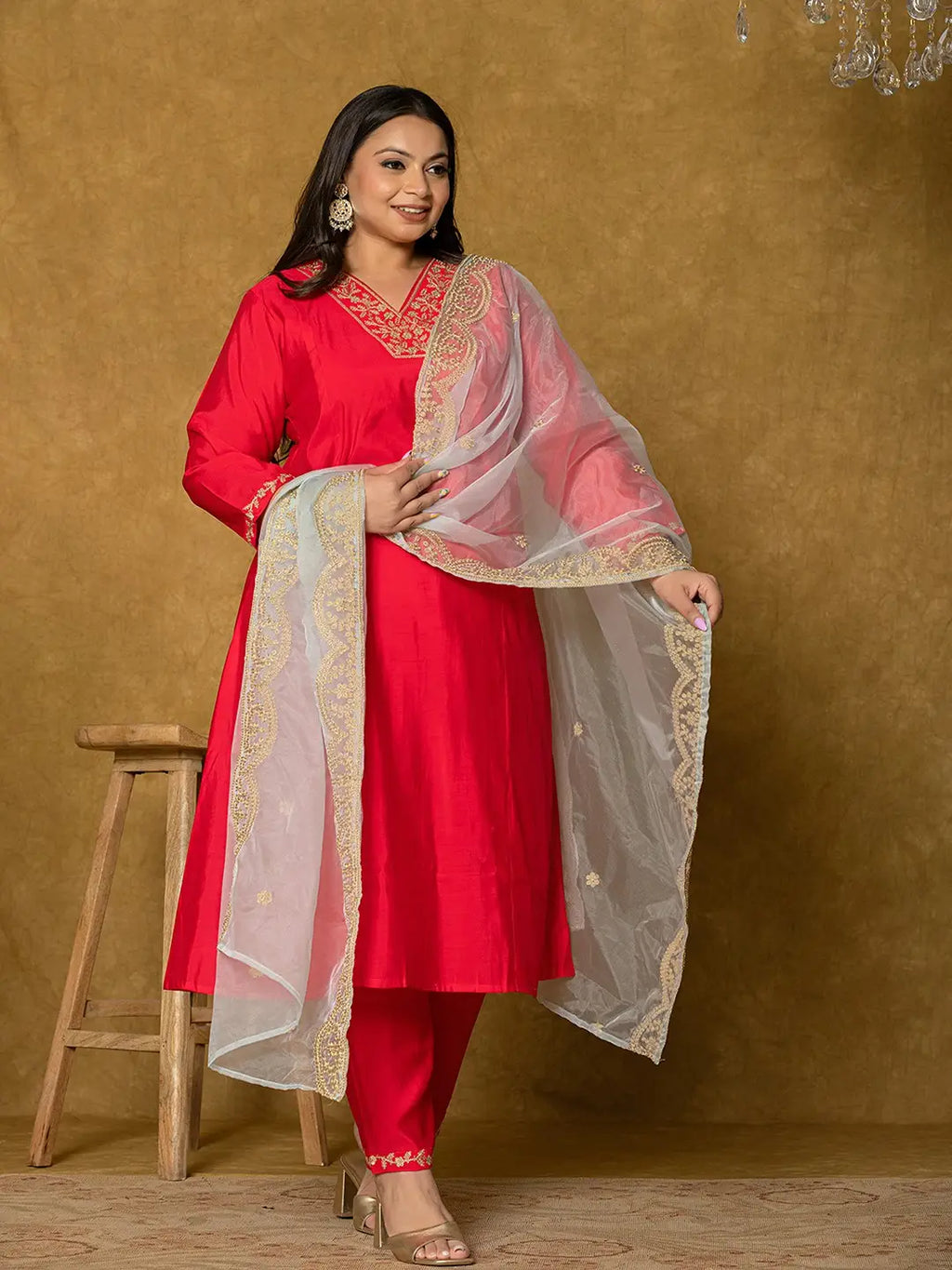 Yufta Fuchsia Silk Embroidered Plus Size Kurta Dupatta Set