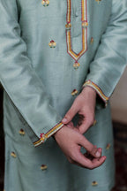 Falling Raw Silk Olive Green Kalika Kurta Set By Hilo Design