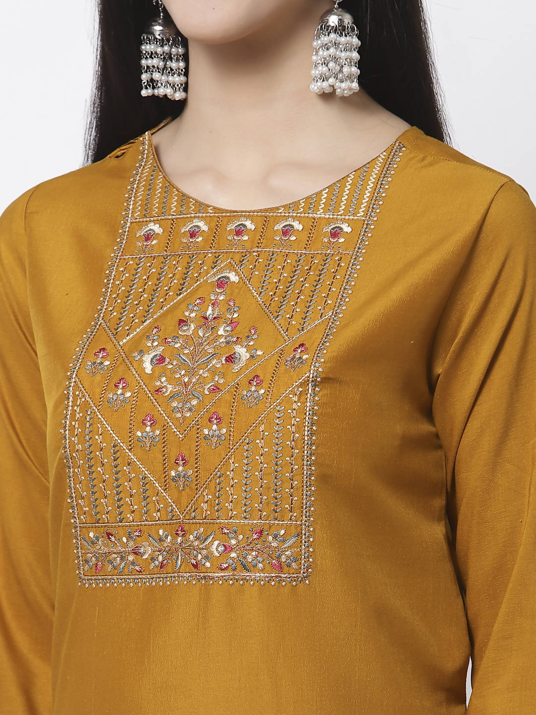Myshka Women Mustard Viscose Embroidered 3/4 Sleeve Round Neck Kurta Pant Dupatta Set