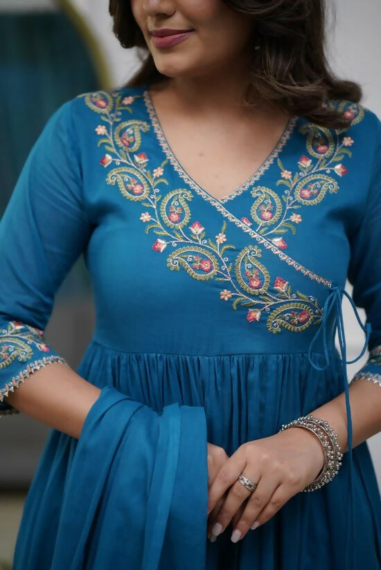 The52 Petrol Women's Beautiful Parampara Fabric Embroidered Work Flared Kurta Pant and Dupatta Set - Distacart