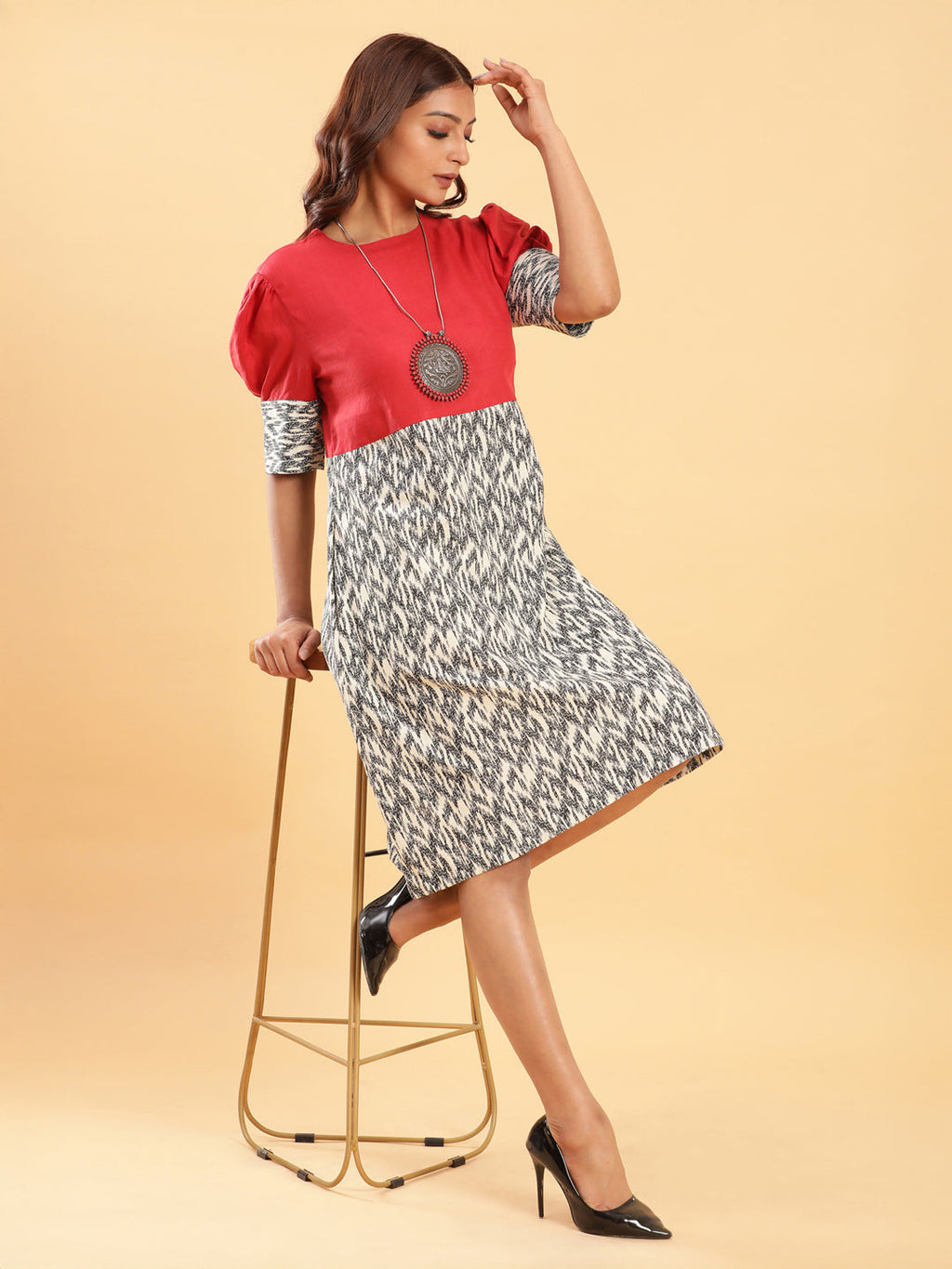 BohoJazz Fusion Ikkat and Red Linen Sheath Dress - Distacart