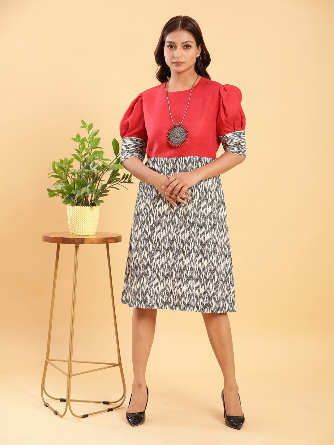 BohoJazz Fusion Ikkat and Red Linen Sheath Dress - Distacart