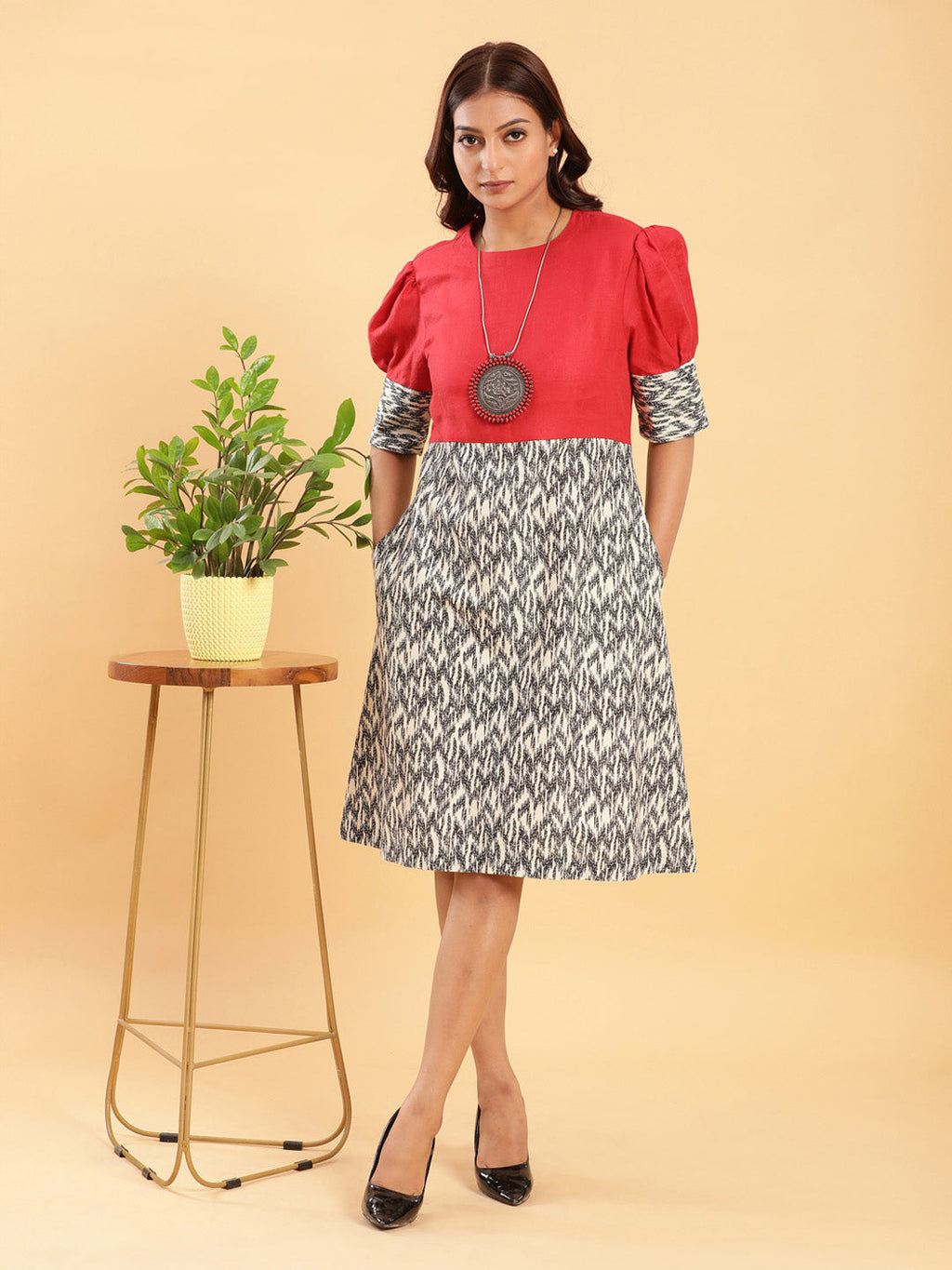 BohoJazz Fusion Ikkat and Red Linen Sheath Dress - Distacart