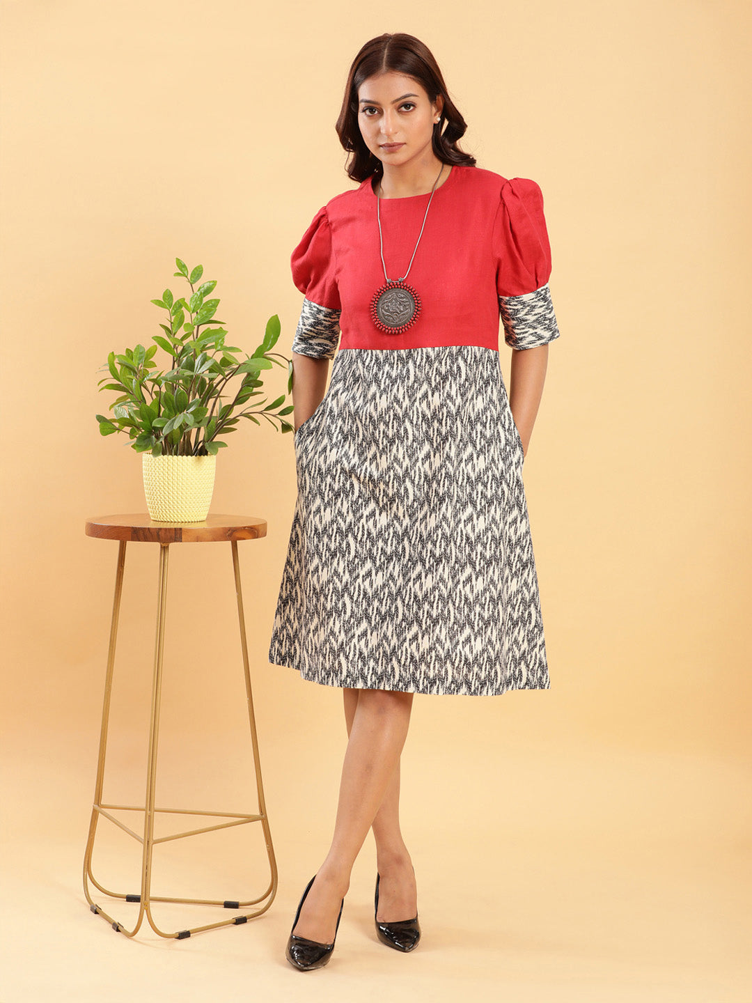 BohoJazz Fusion Ikkat and Red Linen Sheath Dress - Distacart