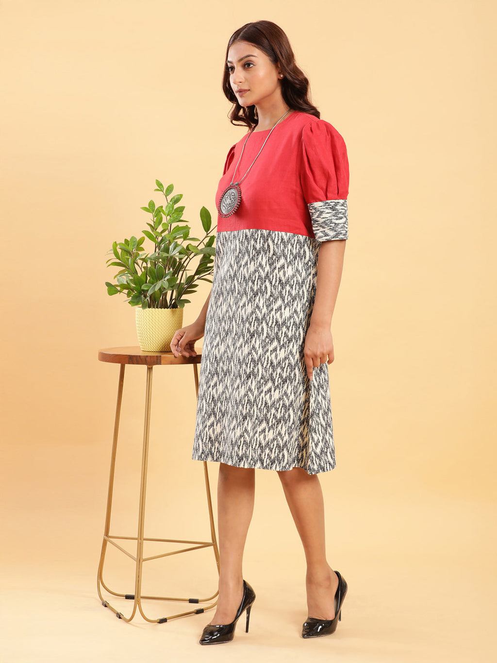 BohoJazz Fusion Ikkat and Red Linen Sheath Dress - Distacart