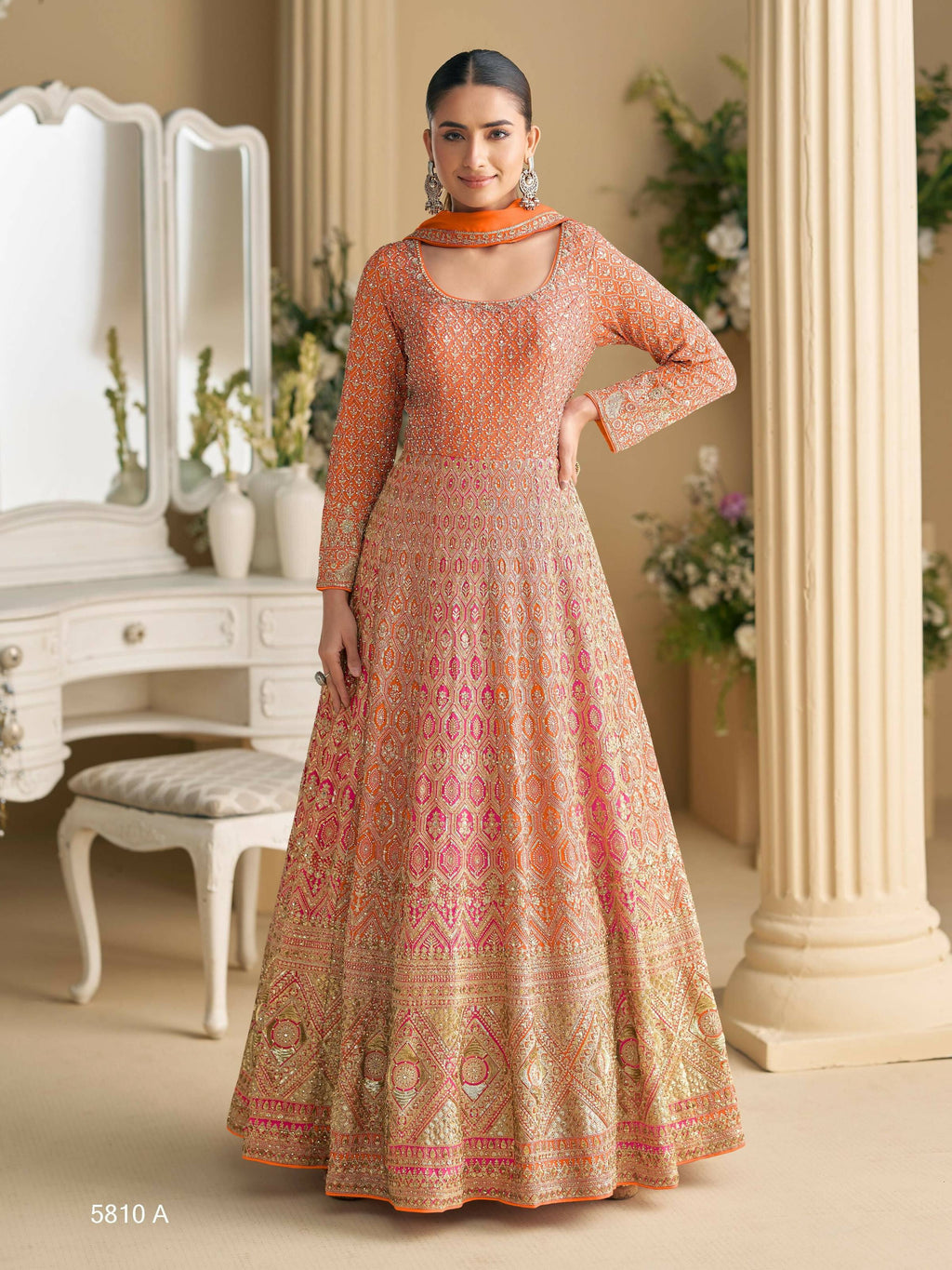 Anaita Orange Georgette Readymade Anarkali Suit with Embroidery Zarkan Work - Distacart