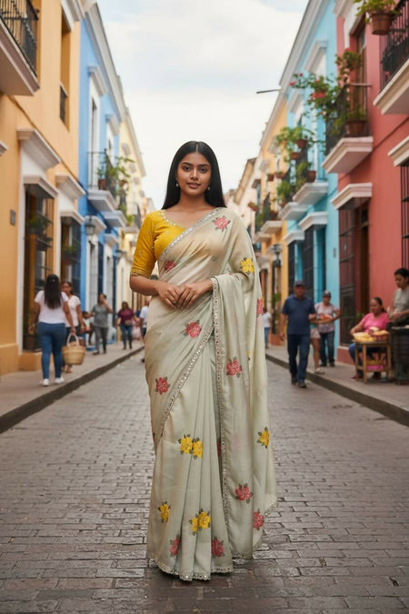 Teeya Creation Cream Rangoli Silk Embroidery Work Party Wear Designer Saree