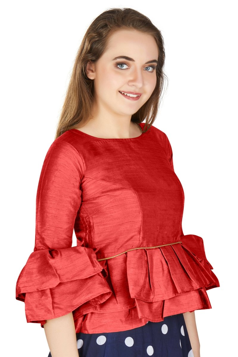 Aastha Fashion Women's Red Art Silk Bell Sleeves attire with Poly Cotton Lining Blouse