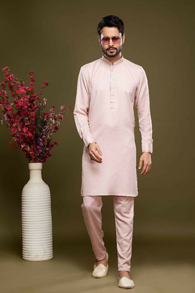 Raivat Ethnic Art Banarasi Silk Thread Work Kurta Pajama In Pink Colour