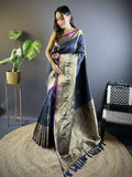 Joban Fashion Navy Blue Striped With Floral Motifs Soft Silk Leheriya Saree