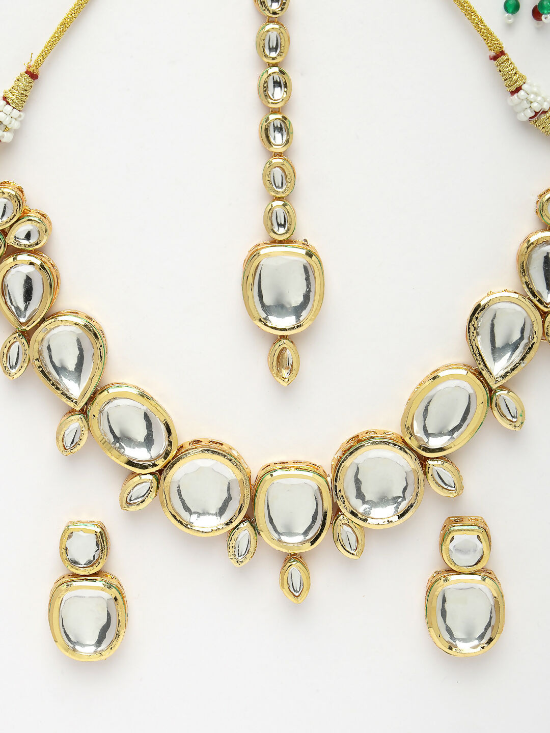 NVR Women's Gold Kundan-Studded Necklace and Earrings with Mang Tikka