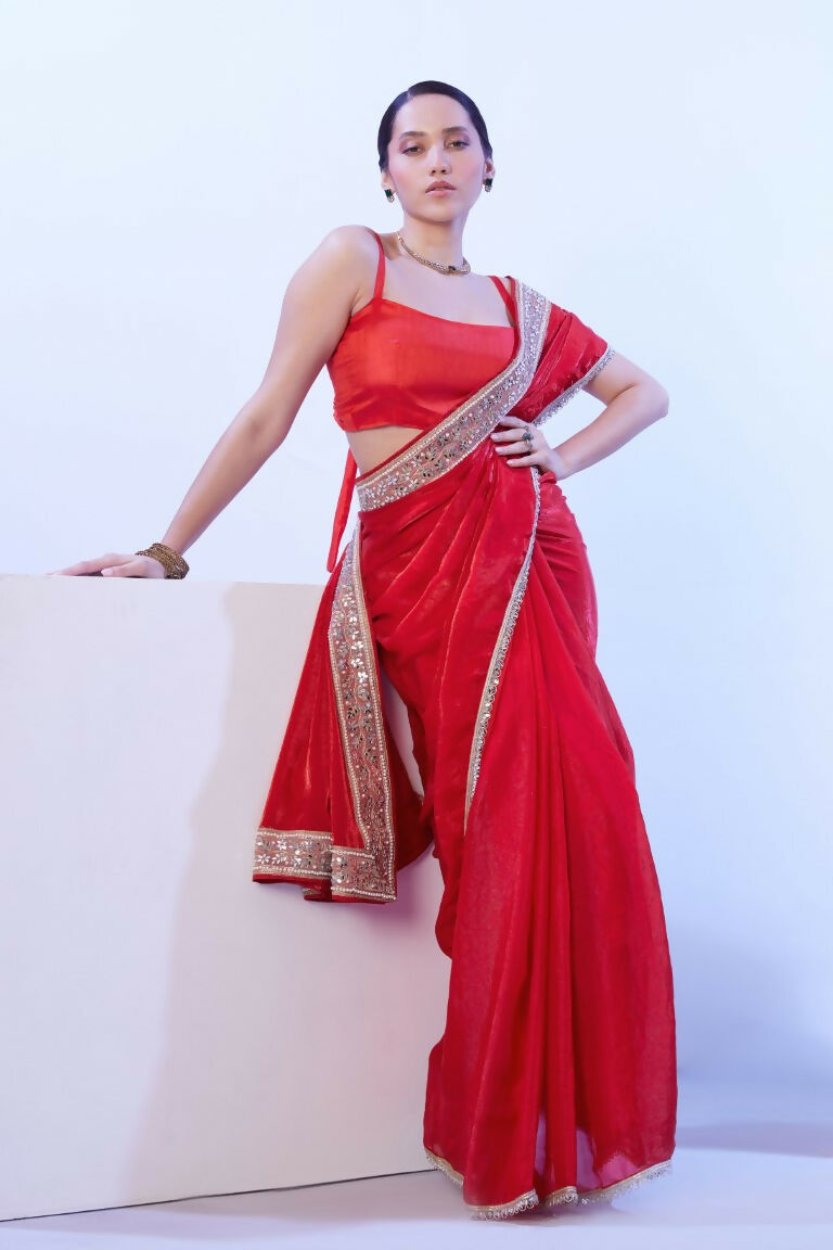 Red Satin Jimmy Choo Solid Designer & Lace Work Saree - Samaa