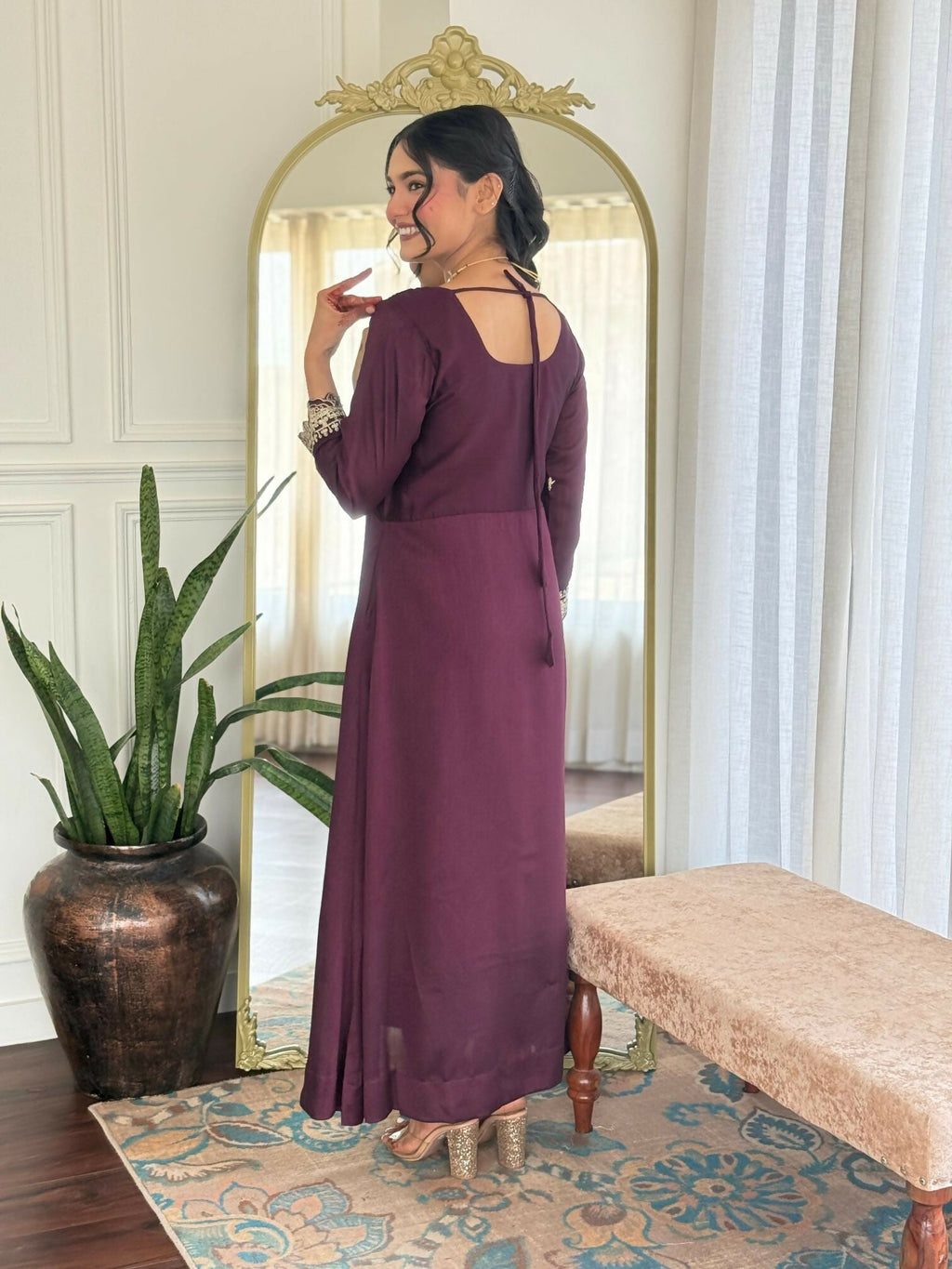 The52 Wine Women's Gorgeous Vichitra Silk Fabric Embroidered Work Flared Anarkali Pant and Dupatta Set - Distacart
