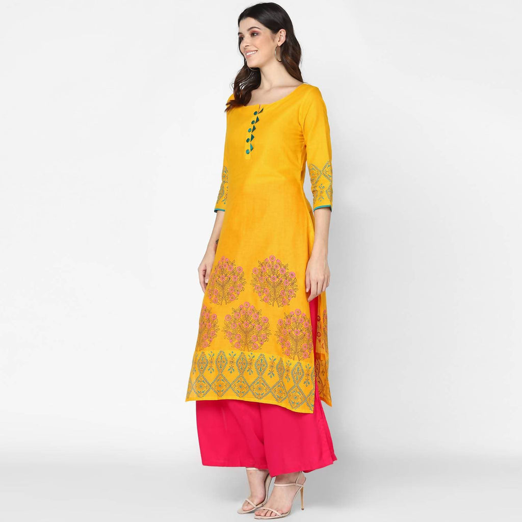 Cheera Hand Block Print Mustard & Magenta Straight Kurta With Palazzo (MAAI-078K)