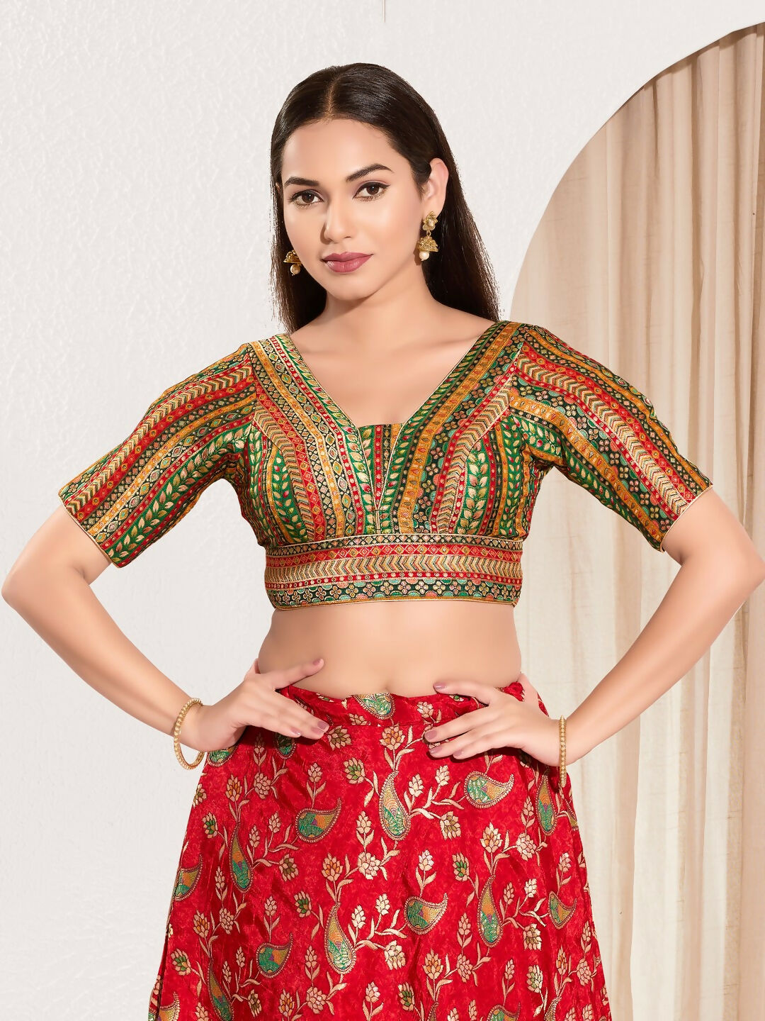Joban Fashion Green Multi Brocade Padded Blouse With V Neck Elbow Sleeves - Distacart