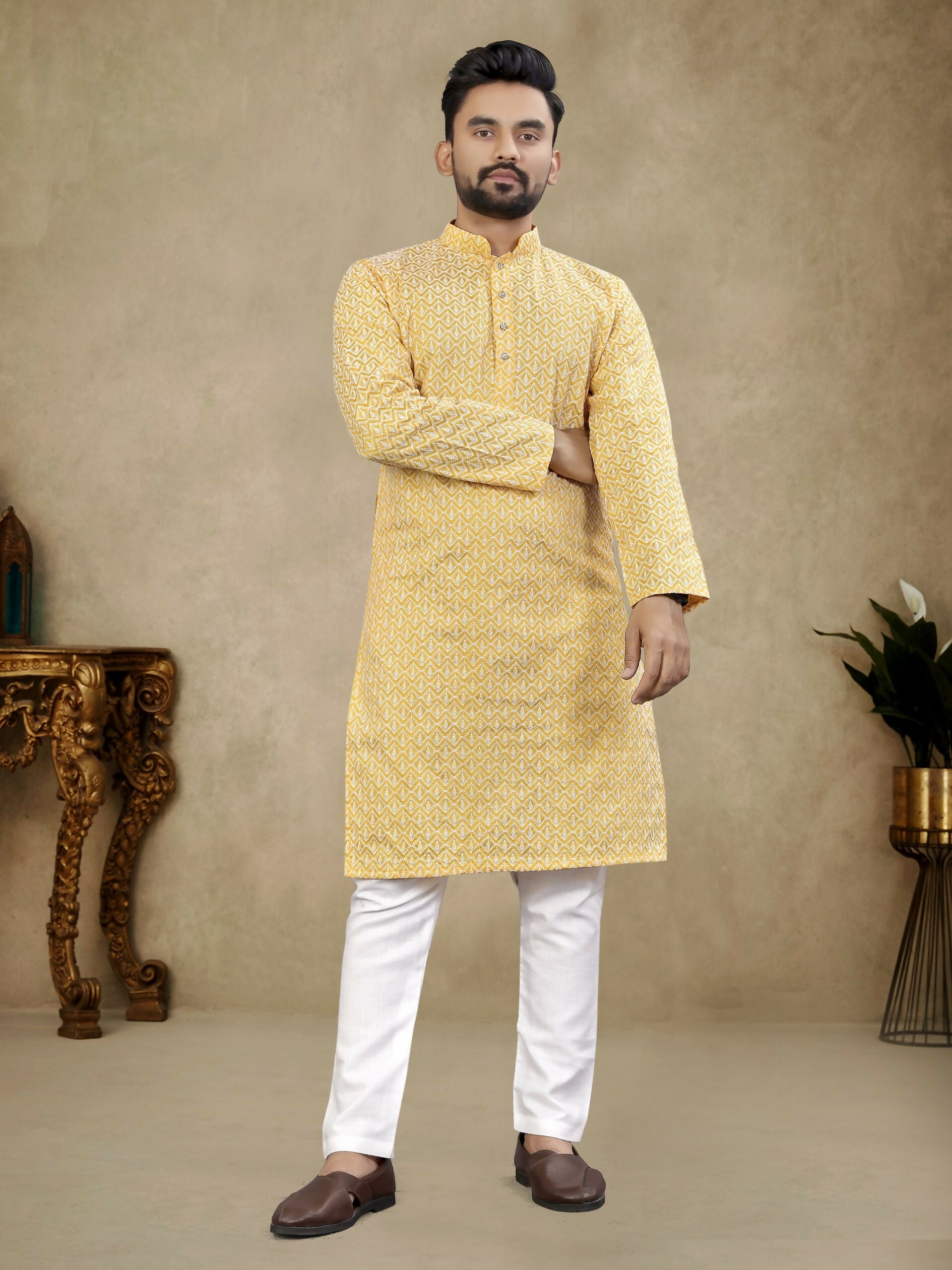 Anaita Yellow Lucknowi Work Silk Straight Kurta