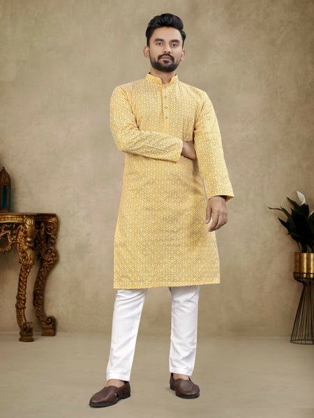 Anaita Yellow Lucknowi Work Silk Straight Kurta