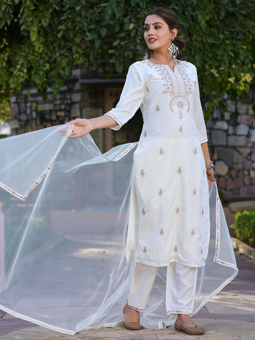 Juniper Women's Off-White Chinnon Embroidered Kurta Pant Dupatta Set - Distacart