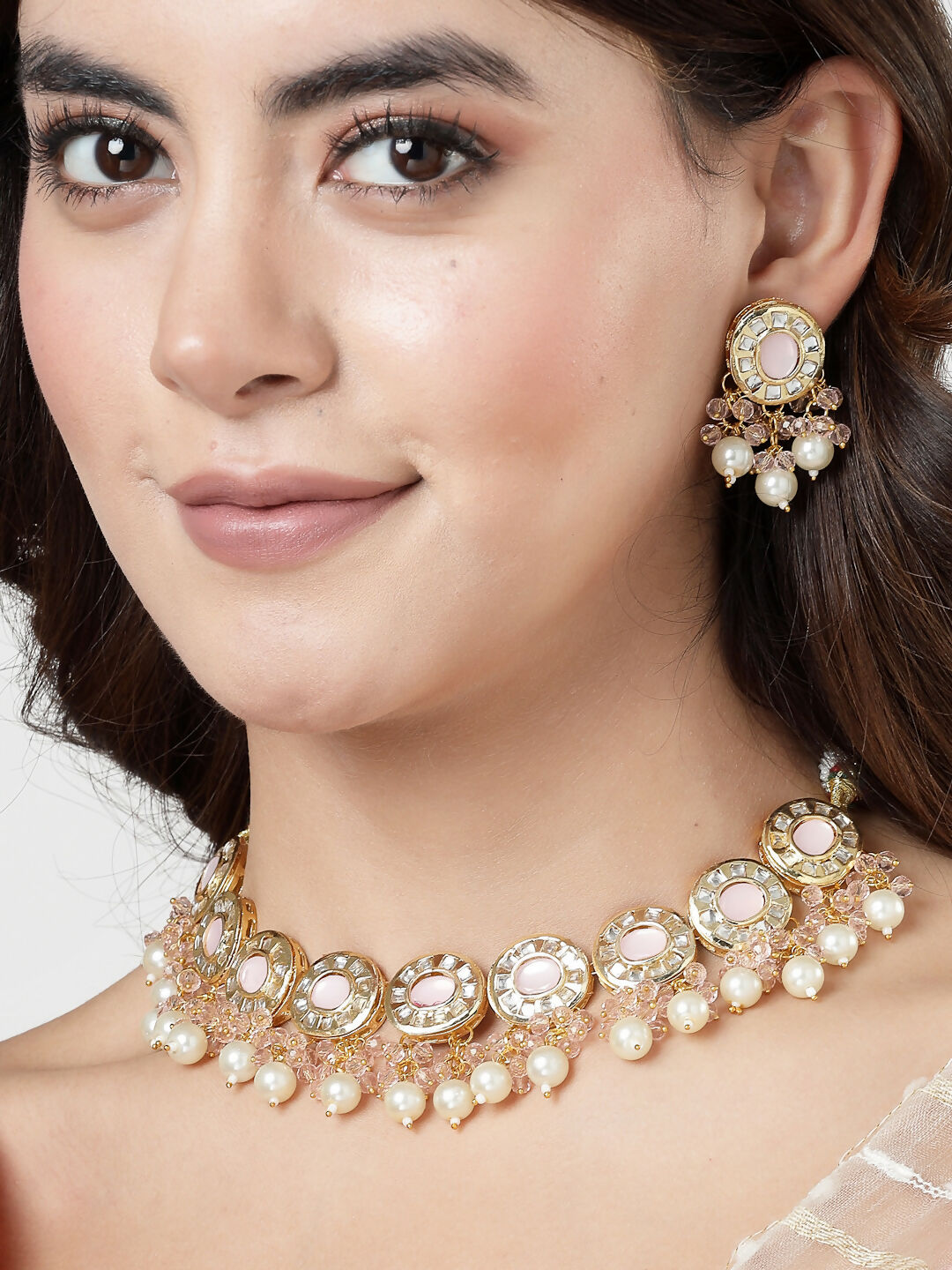 NVR Women Gold-Polished Kundan-Studded & Beaded Jewellery Set Necklace and Earrings