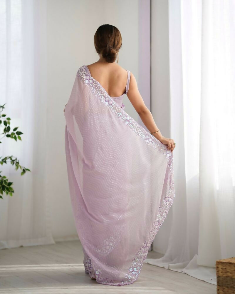 Georgette Designer Sequance Embroidery Work Party Wear Saree - Lavender