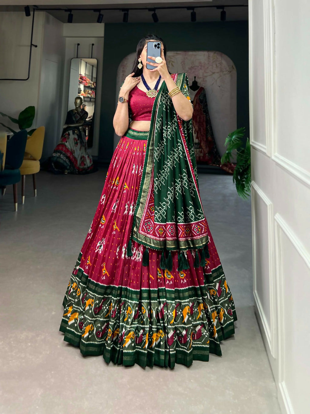 Vastranavya Traditional Ikkat Patola Print Tussar Silk Lehenga Choli - Red