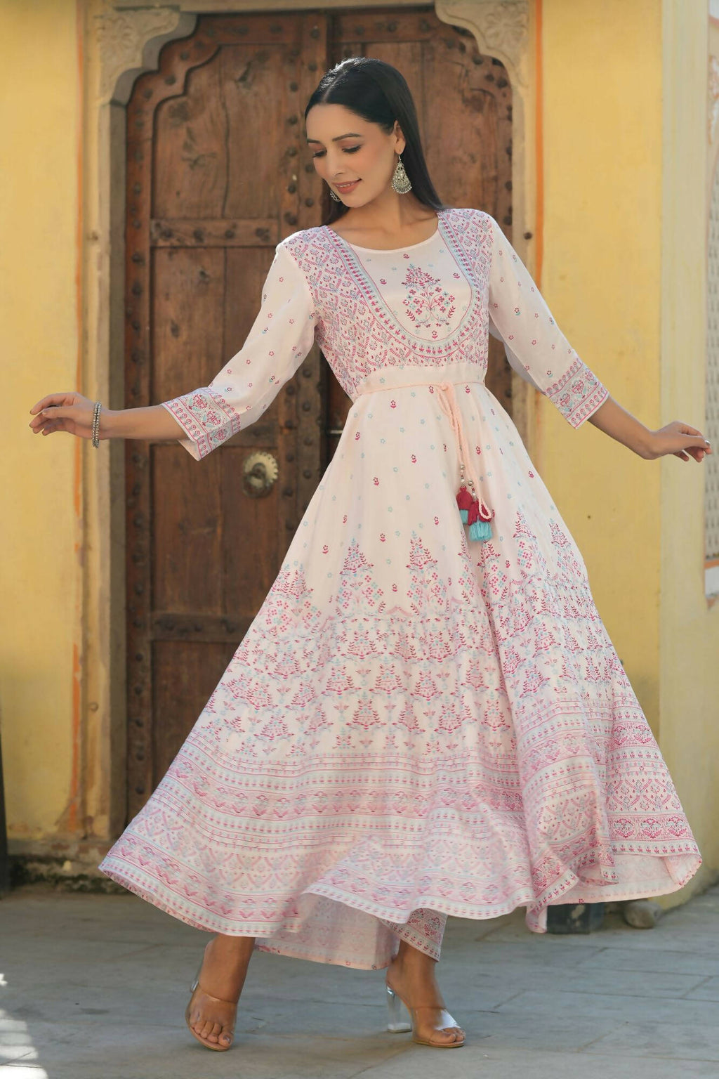 Juniper Women's Pink Viscose Shantoon Festive Printed Flared Dress - Distacart