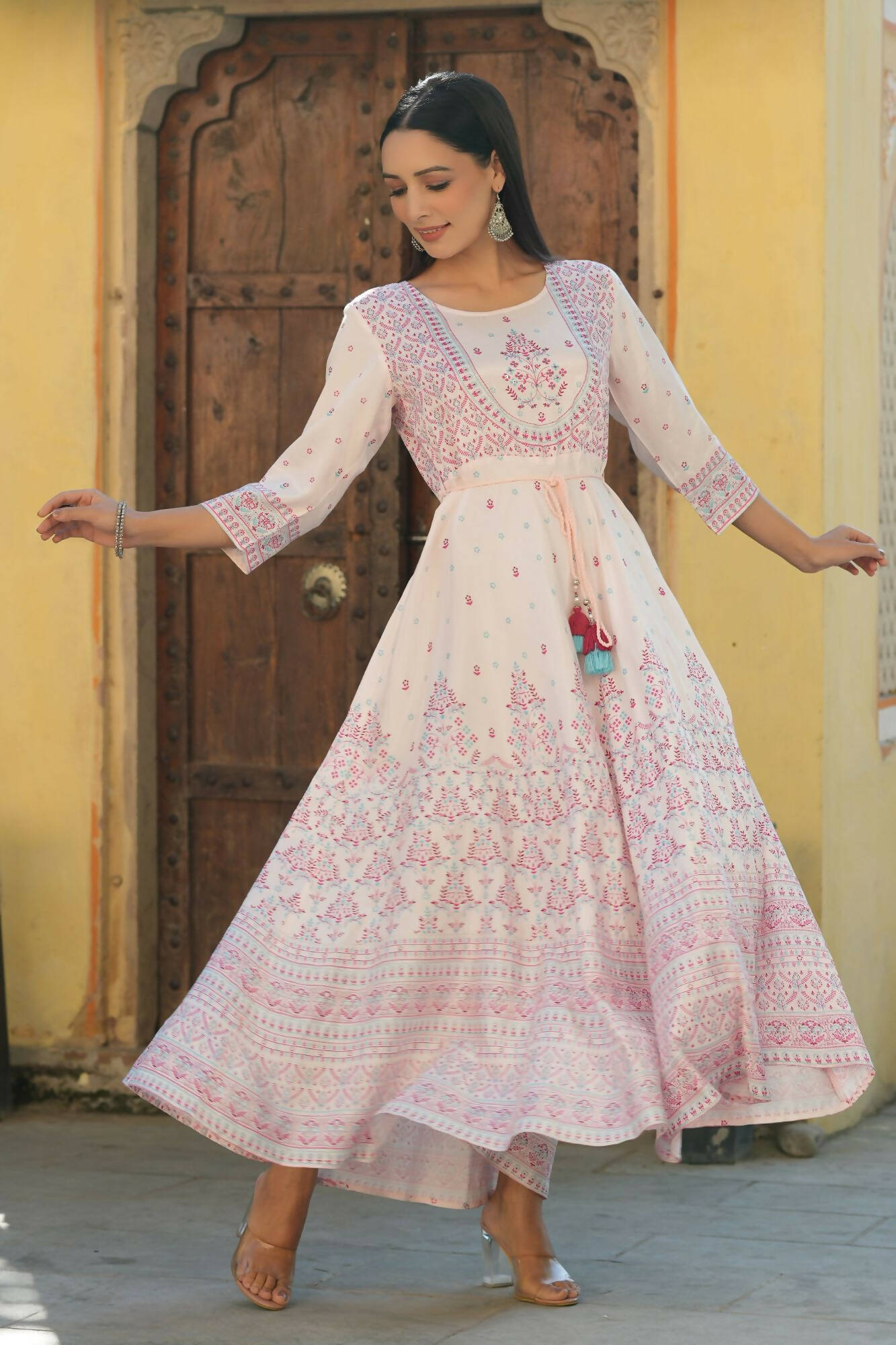 Juniper Women's Pink Viscose Shantoon Festive Printed Flared Dress - Distacart