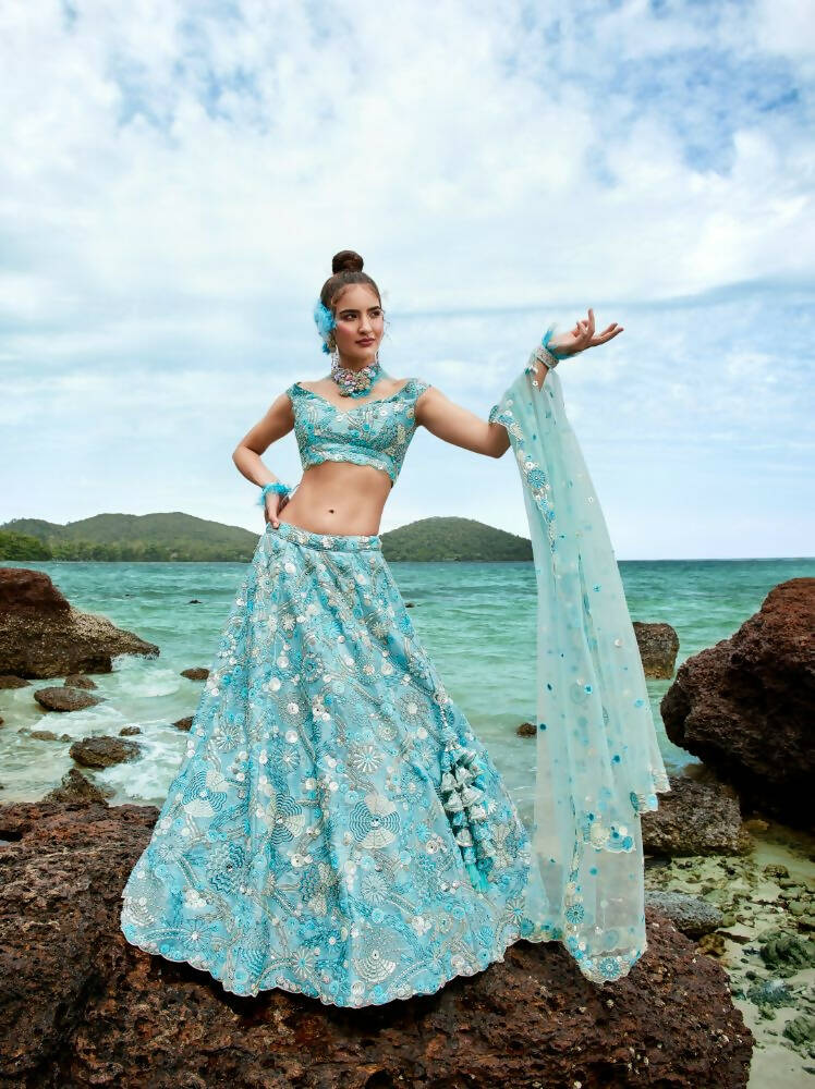 House of Panchhi Sky Blue Organza Sequins, Zarkan And Thread Embroidery Lehenga Choli & Dupatta