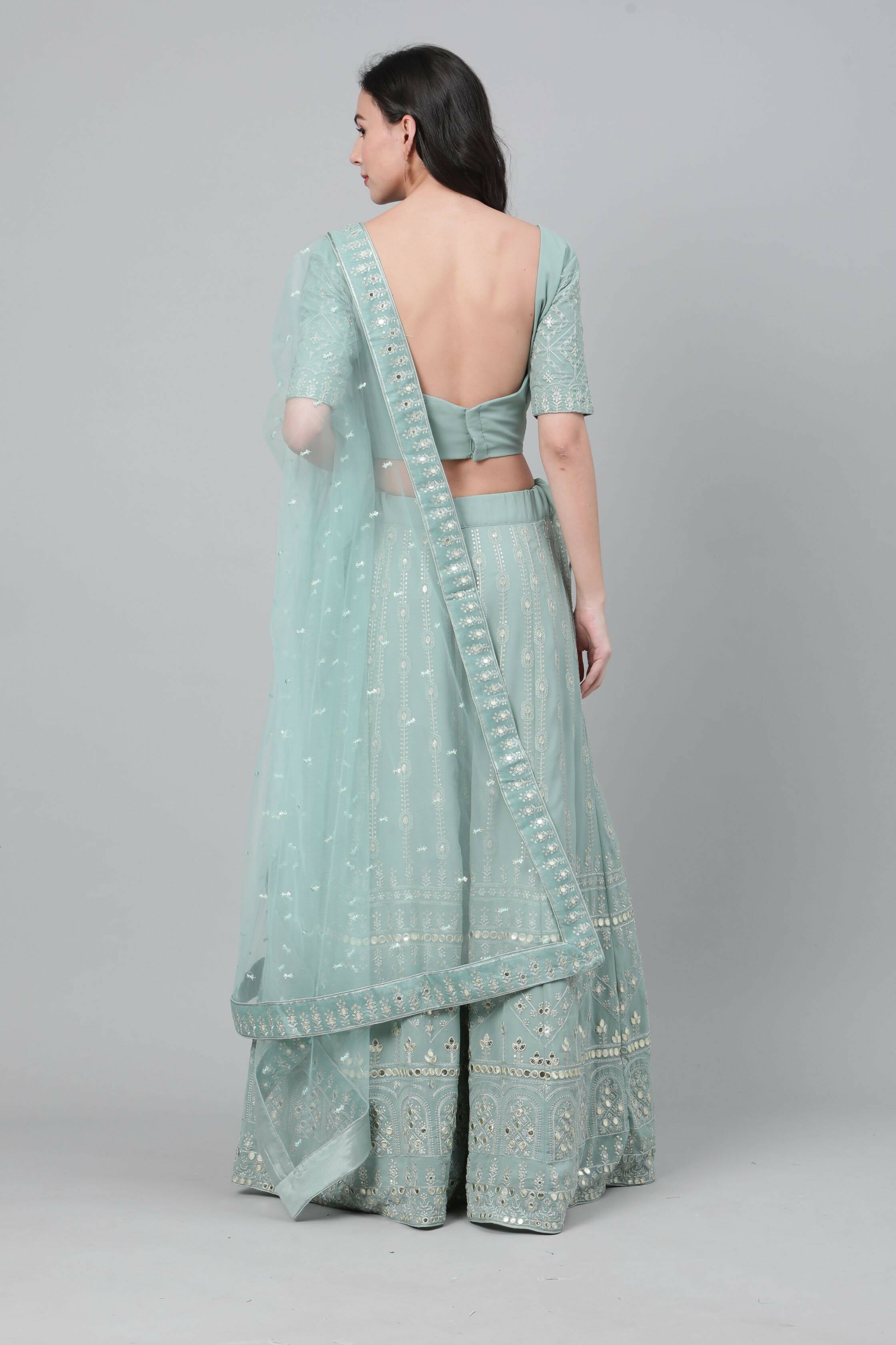 Dusty Green Georgette Sequins Embroidery with Mirror work Lehenga Choli with Dupatta - Jivika