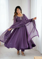 The52 Women's Beautiful Embroidery Work Crunchy Silk Fabric Flared Anarkali Pant and Dupatta Set - Distacart