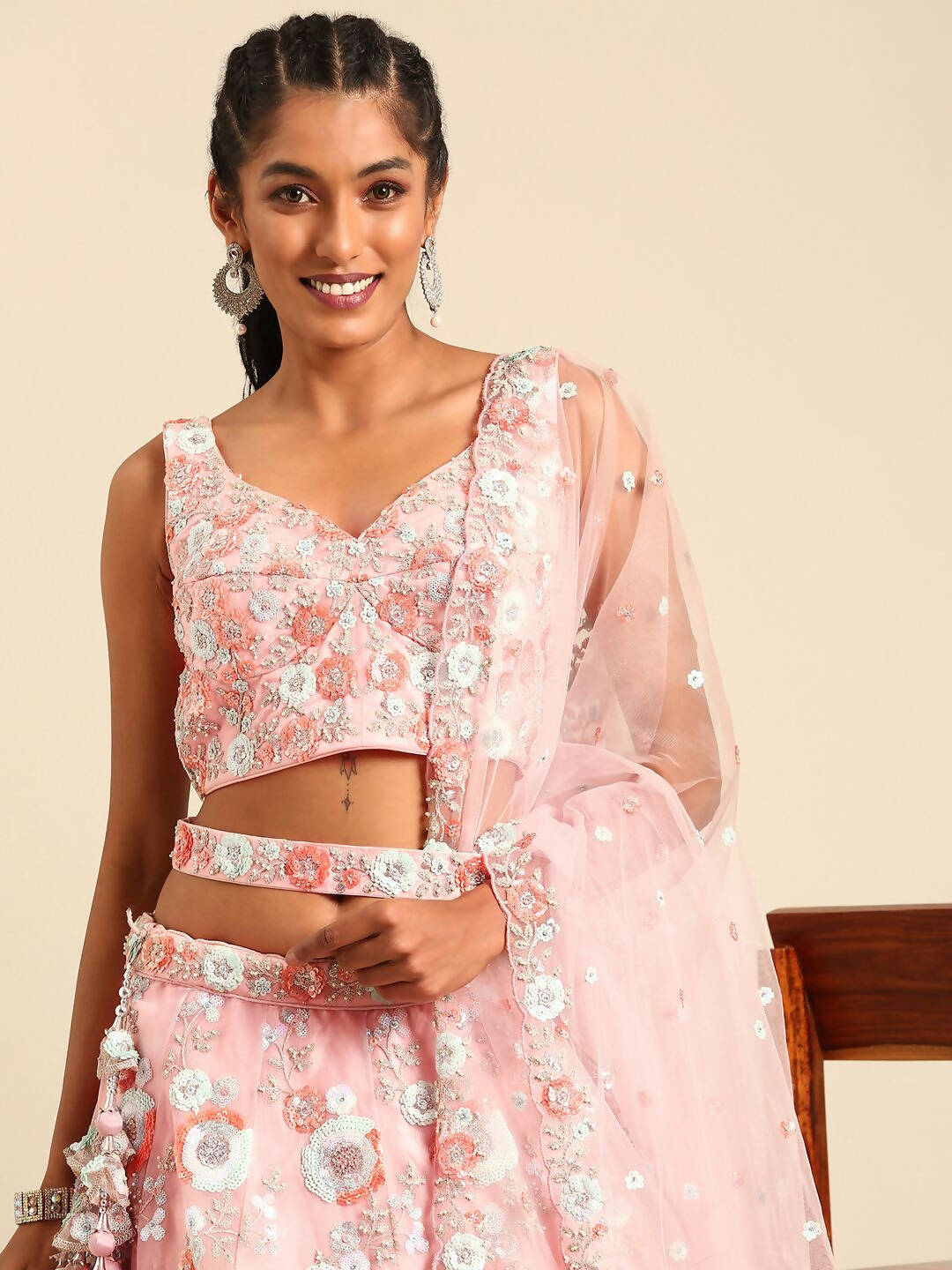 House of Panchhi Pink Net Sequins and Zarkan embroidery Lehenga choli & Dupatta