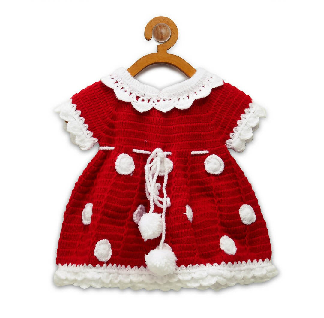 ChutPut Hand knitted Crochet Cute Mickey Wool Dress For Baby Girls - Red