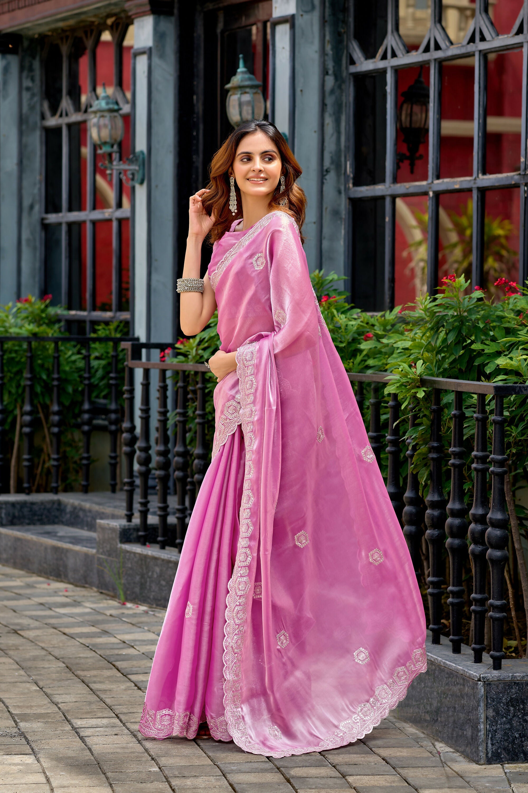 Vastranavya Baby Pink Embroidery Work Shimmer Chiffon Saree with Unstitched Blouse - Distacart