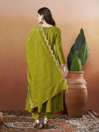 The52 Light Green Women's Beautiful Vichitra Silk Fabric Embroidered Work Flared Anarkali Pant and Dupatta Set - Distacart