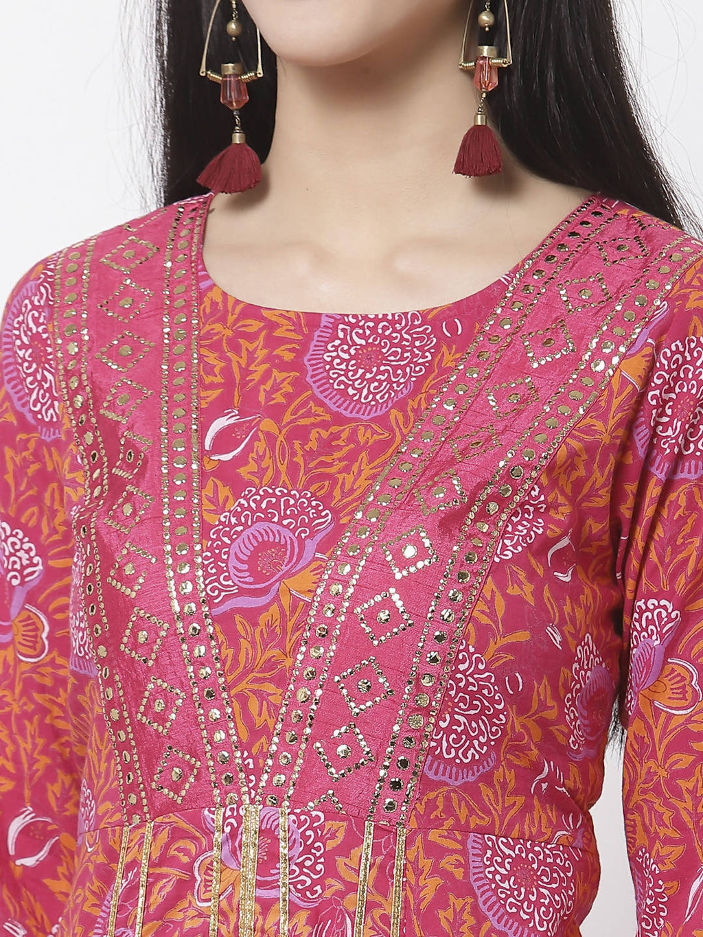 Myshka Women's Pure Red Color Cotton Round Neck Printed 3/4 Sleeve Dress