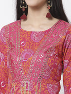 Myshka Women's Pure Red Color Cotton Round Neck Printed 3/4 Sleeve Dress