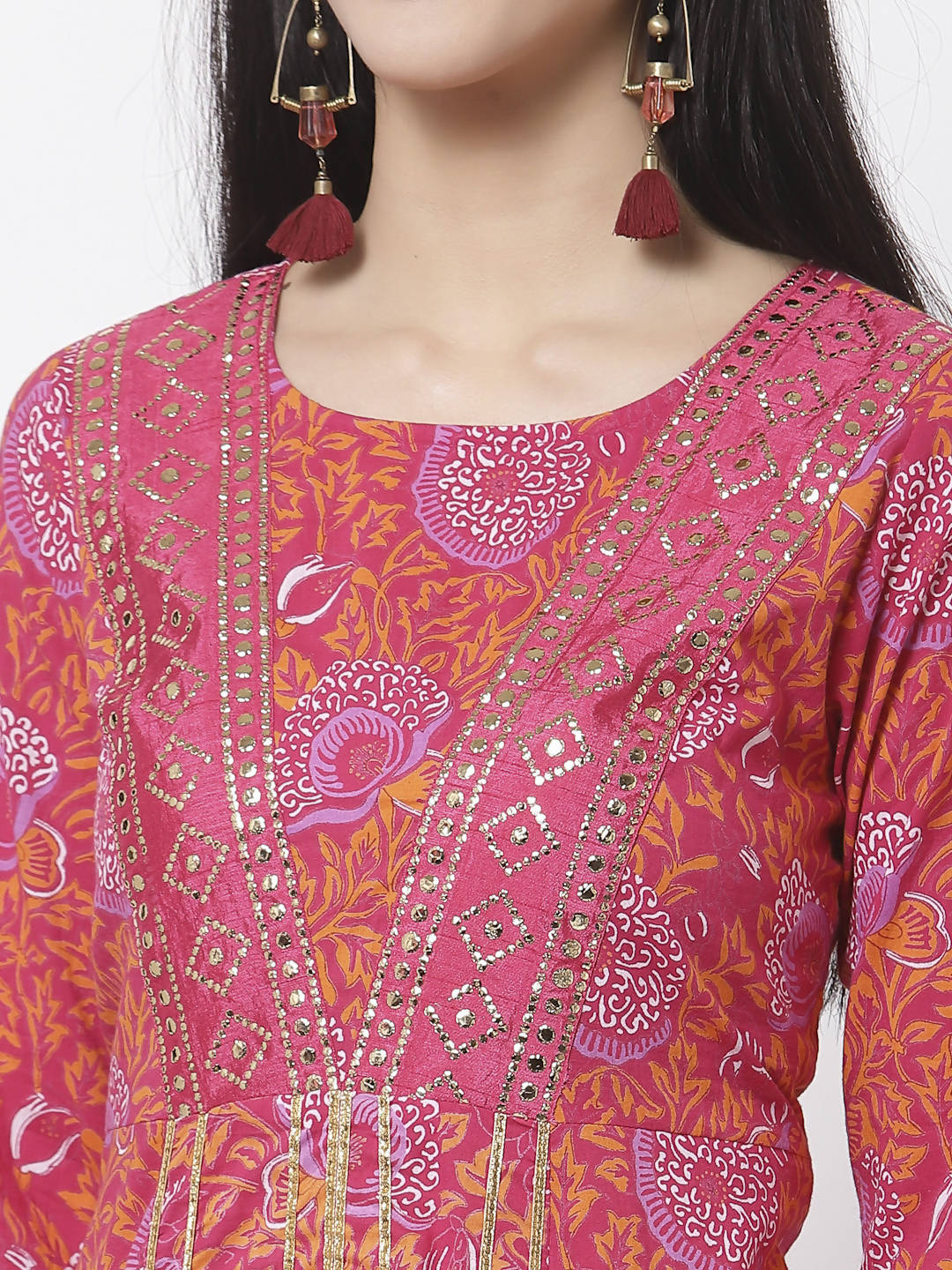 Myshka Women's Pure Red Color Cotton Round Neck Printed 3/4 Sleeve Dress